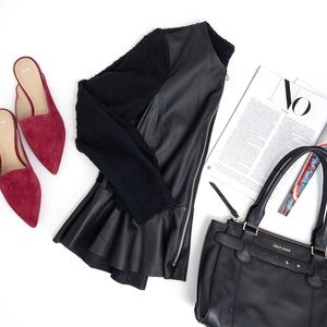 Rebecca Taylor . Leather & Boucle Knit Ruffle Peplum Jacket